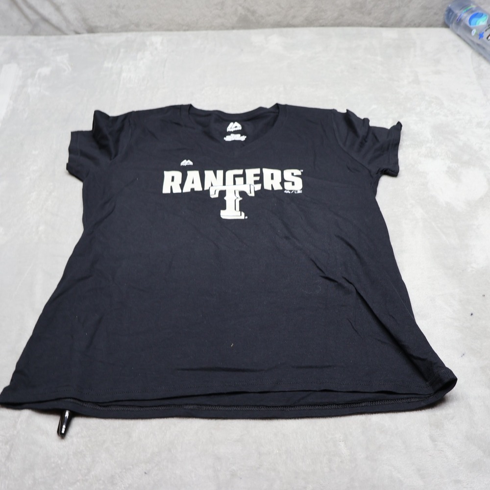 Texas Rangers Shirt Womens Medium Majestic Black MLB V-Neck Baseball Black Tee